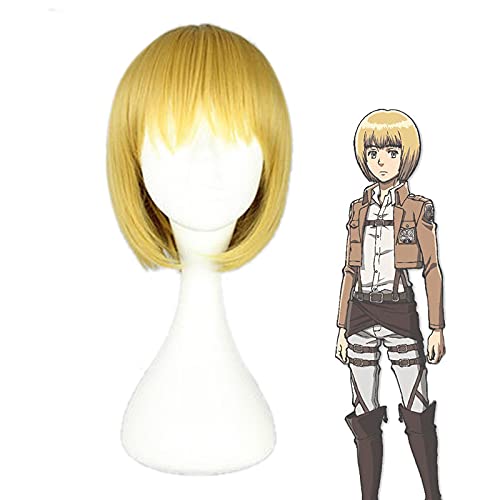 LINLINCD-Anime Coser pruik Angriff auf Titan Armin Arlert Cosplay Perücke Blondes Haar mit Pony Hitzebeständigkeit Haar Gelb Perücke+ Perücke Mütze for Männer Frauen von LINLINCD