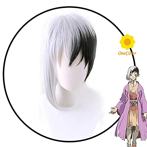 LINLINCD Anime Cosplay Perücke Anime Dr.Stone Asgiri Gen Cosplay Perücke Kurze Schwarzweiß-Perücke Wärmebeständige Faserhaare+Perücke-Cap-Party-Männer von LINLINCD