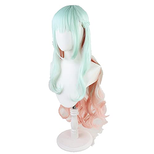 LINLINCD Anime Cosplay Perücke Anime High-Rise Invasion Shinzaki Kuon Cosplay Perücke Lange lockige Gradient grüne Haare Mädchen Tenkuu Shinpan Hitzebeständige+Perücke Kappe von LINLINCD