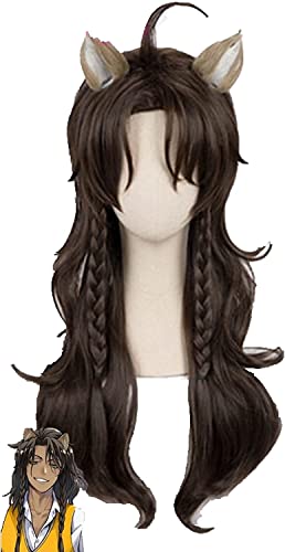 LINLINCD Anime Cosplay Perücke Leona Cosplay Twisted Wonderland Cosplay Männer Lange lockige braune Perücke Cosplay mit Ears Anime Cosplay Hitzebeständige synthetische Perücken von LINLINCD