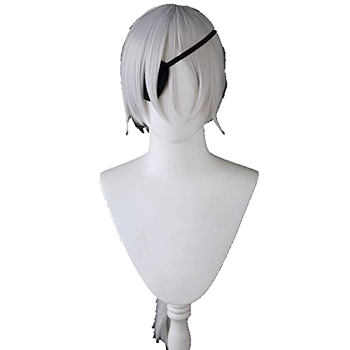 LINLINCD-Anime-Kettensäge-Mann-Quanxi Cosplay Perücke Silbergrau langes hitzebeständiges Synthetisches Haar Halloween-Party-Perücken+Perücke-Kappe+Eye-Patch von LINLINCD