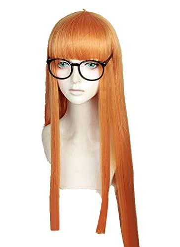 LINLINCD-Anime Persona 5 P5 Futaba Sakura Cosplay Perücke Frauen Mädchen 100cm Orange Lange Hitzebeständige Synthetische Haarperücken+Perücke Kappe von LINLINCD