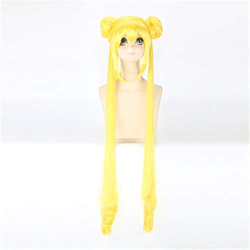 LINLINCD Cosplay wig Anime Sailor Moon Cosplay Perücke Doppel Pferdeschwanz Lang Gerade Blond Zitronengelb Synthetisches Haar Für Halloween Kostüm Party Perücken von LINLINCD
