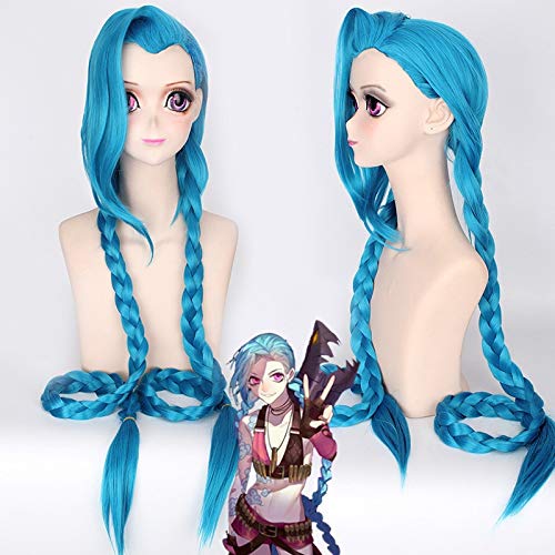 LINLINCD Cosplay wig Anime Spiel Lol Jinx Cosplay Perücke 120Cm / 46.8 "Lange blaue Doppel Pferdeschwanz Zöpfe Die lose Kanone Halloween Party Kostüm Perücken von LINLINCD