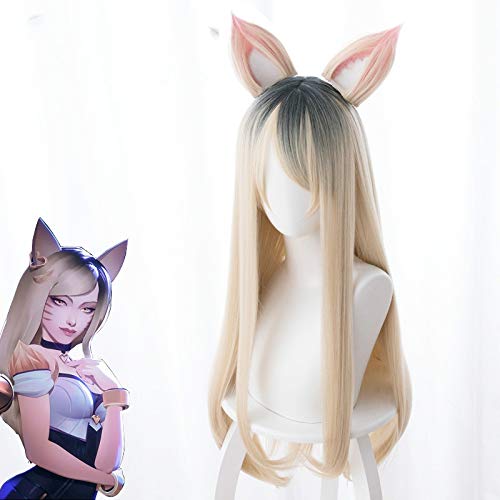 LINLINCD Cosplay wig Lol Kda Ahri Blonde 80Cm Mischfarbe Mit Katzenohr Synthetisches Haar Cosplay Kostüm Requisiten Halloween Party Perücke+Perücke Cap von LINLINCD