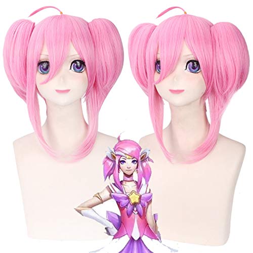 LINLINCD Cosplay wig Lol Star Guardian Lux Cosplay Wig Pink Short Synthetic Hair Anime Costume Wigs With Double Ponytail Pl-150 von LINLINCD