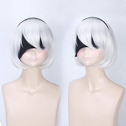 LINLINCD Cosplay wig NieR: Automaten Cosplay Perücke YoRHa No.2 Typ B 2BYoRH 2A 9S 2B Perücke Kostüm Spiel Perücken Kostüme Haar+Perücke Cap Halloween Cos Girl Ein Set von LINLINCD