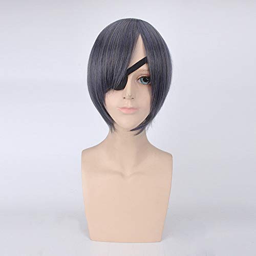 LINLINCD Cosplay wig Schwarzer Butler Ciel Phantomhive für Frauen Mädchen Weibliche Cosplay Perücken Lang Lockig Wellig Dunkelgrau Hochwertige Haarperücke Zwei Pferdeschwanz kurz von LINLINCD