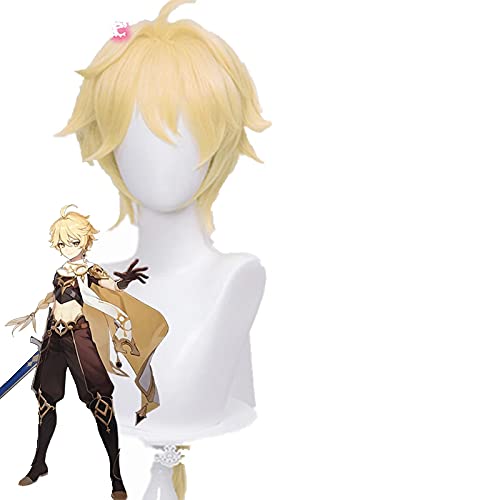 LINLINCD-Genshin Wirkung Cosplay Äther 80cm Goldene Blonde Perücke Cosplay Anime Cosplay Perücken Hitzebeständige synthetische Perücken Halloween for Mädchen von LINLINCD