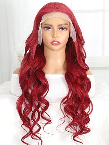 LINLINCD-Menschliche Spitzenperücken 13 * 4 Spitze Front Mittlere Echthaarperücke für schwarze Frauen (180Dichte 13 * 4 Rot,20 Zoll) von LINLINCD