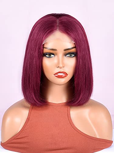 LINLINCD-Menschliche Spitzenperücken 4 * 4 Spitze Front Gerade Echthaarperücke für schwarze Frauen (150Dichte 4 * 4 Rot,8 Zoll) von LINLINCD