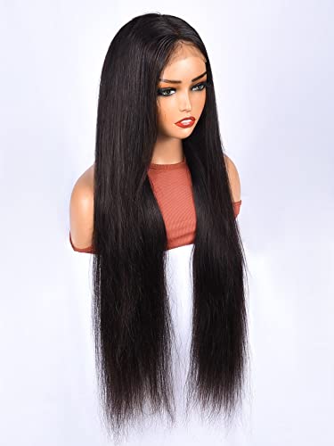 LINLINCD-Menschliche Spitzenperücken 4 * 4 Spitze Front Gerade Echthaarperücke für schwarze Frauen (180Dichte 4 * 4 Schwarz,32 Zoll) von LINLINCD