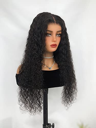 LINLINCD-Menschliche Spitzenperücken 4 * 4 Spitze Front Mittlere Wasserwelle Menschliches Haar Klebstofflose Perücke für schwarze Frauen (180Dichte 4 * 4 Schwarz,16 Zoll) von LINLINCD