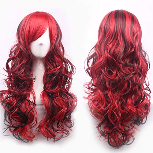 LINLINCD anime cosplay perücke 2019 Neue Synthetische Schwarz Rot Highlights Haar Perücke Mit Pony Halloween Kostüm Party Lange Lockige Cosplay Perücken Für Frauen von LINLINCD