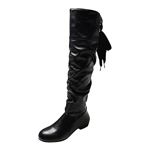 LINLINU Damen Schnürstiefel Low Heel Langschaftstiefel mit Schnürsenkel Modisch Einfarbig Flache Kniehohe Winterstiefel für Frauen Beiläufig Mitte Wade Stiefel Damen Herbst Winter Bequeme Hohe Stiefel von LINLINU