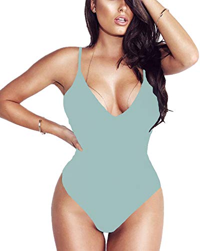 LINMON Damen Spaghetti-Träger Bodysuit Tops Quadratisch/U-Ausschnitt Tiefer V-Ausschnitt Ärmellos Offener Rücken Camisoles Jumpsuit Leotard, A7 blaugrau, X-Large von LINMON