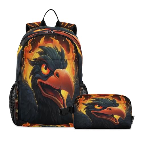 LINNIKEEEE Abgefeuerter Tierkondor Studentenrucksack Lunchtasche Set – Leichte Schultasche für Jungen Mädchen von LINNIKEEEE