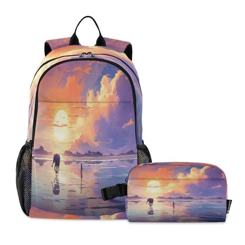 LINNIKEEEE Abstrakte Aquarellmalerei Studentenrucksack Lunchtasche Set – Leichte Schultasche für Jungen Mädchen von LINNIKEEEE