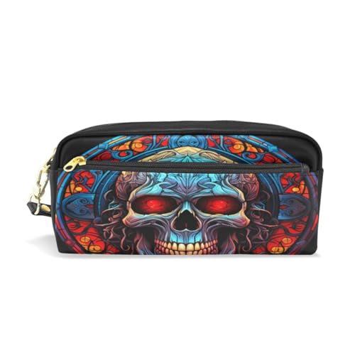 LINNIKEEEE Abstrakte Coole Totenkopfkunst Federmäppchen aus Leder,Mäppchen Schlamperbox Stifttasche,Make-up-Tasche,Organizer für Jungen Mädchen von LINNIKEEEE