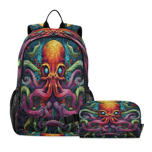 LINNIKEEEE Abstrakter Aquarell-Oktopus Studentenrucksack Lunchtasche Set – Leichte Schultasche für Jungen Mädchen von LINNIKEEEE