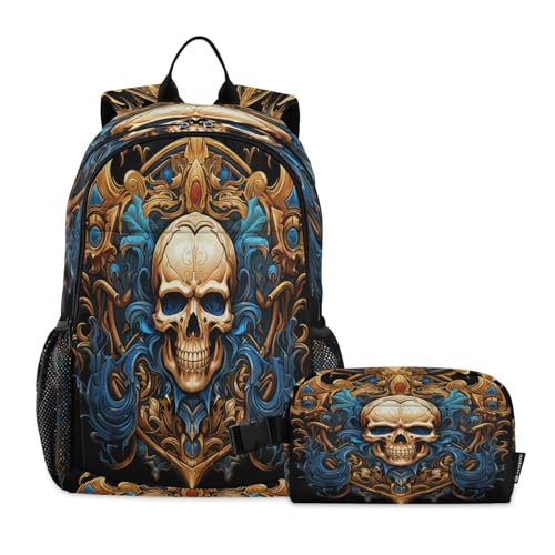 LINNIKEEEE Abstrakter Cooler Goldener Totenkopf Studentenrucksack Lunchtasche Set – Leichte Schultasche für Jungen Mädchen von LINNIKEEEE