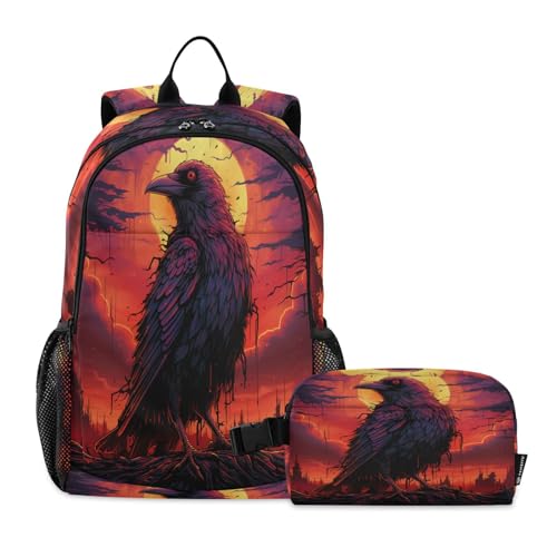 LINNIKEEEE Abstrakter Cooler Rabe Studentenrucksack Lunchtasche Set – Leichte Schultasche für Jungen Mädchen von LINNIKEEEE