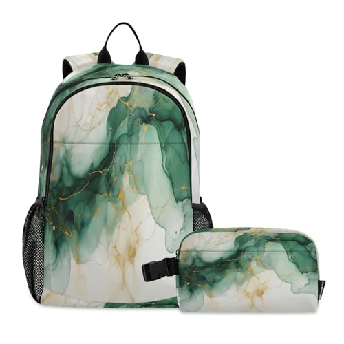 LINNIKEEEE Abstraktes Aquarell Marmor Studentenrucksack Lunchtasche Set – Leichte Schultasche für Jungen Mädchen von LINNIKEEEE