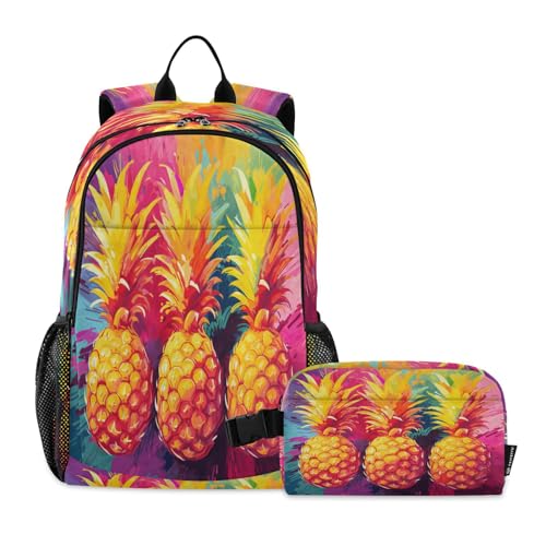 LINNIKEEEE Ananas-Kunst-Aquarell Studentenrucksack Lunchtasche Set – Leichte Schultasche für Jungen Mädchen von LINNIKEEEE