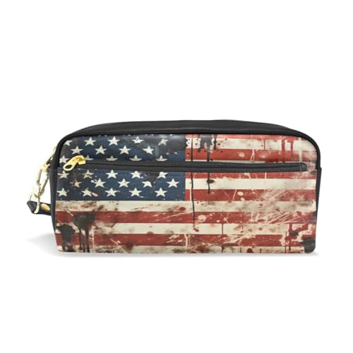 LINNIKEEEE Aquarell Amerikanische Flagge Federmäppchen aus Leder,Mäppchen Schlamperbox Stifttasche,Make-up-Tasche,Organizer für Jungen Mädchen von LINNIKEEEE