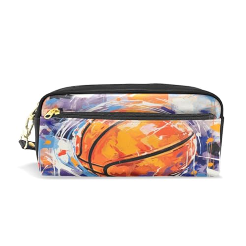 LINNIKEEEE Aquarell-Basketball-Malerei Federmäppchen aus Leder,Mäppchen Schlamperbox Stifttasche,Make-up-Tasche,Organizer für Jungen Mädchen von LINNIKEEEE