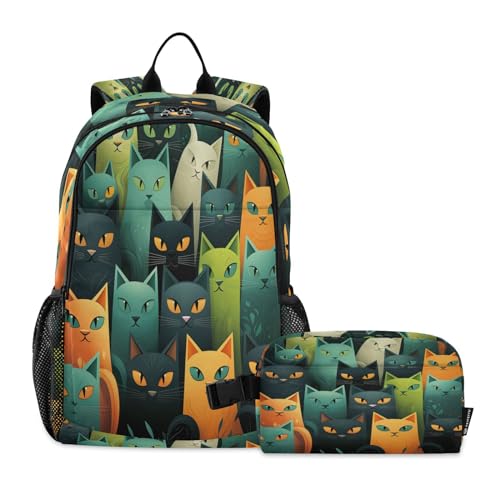 LINNIKEEEE Aquarell Bunte Katze Studentenrucksack Lunchtasche Set – Leichte Schultasche für Jungen Mädchen von LINNIKEEEE