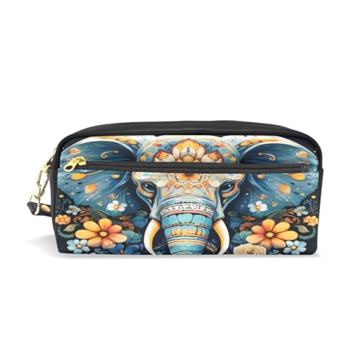 LINNIKEEEE Aquarell Bunter Elefant Federmäppchen aus Leder,Mäppchen Schlamperbox Stifttasche,Make-up-Tasche,Organizer für Jungen Mädchen von LINNIKEEEE