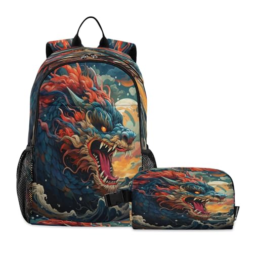 LINNIKEEEE Aquarell Chinesischer Drache Studentenrucksack Lunchtasche Set – Leichte Schultasche für Jungen Mädchen von LINNIKEEEE