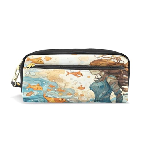 LINNIKEEEE Aquarell Fischmädchen Kunst Federmäppchen aus Leder,Mäppchen Schlamperbox Stifttasche,Make-up-Tasche,Organizer für Jungen Mädchen von LINNIKEEEE