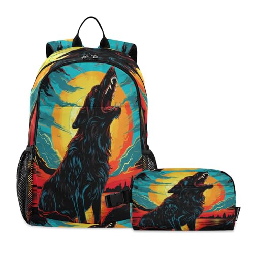 LINNIKEEEE Aquarell-Hundekunstwerk Studentenrucksack Lunchtasche Set – Leichte Schultasche für Jungen Mädchen von LINNIKEEEE