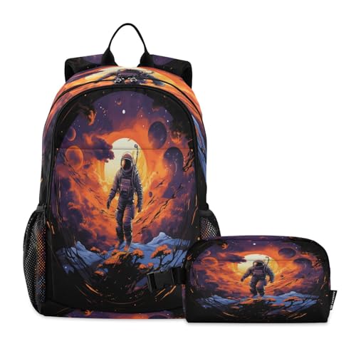 LINNIKEEEE Aquarell-Kunstwerk Astronaut Studentenrucksack Lunchtasche Set – Leichte Schultasche für Jungen Mädchen von LINNIKEEEE