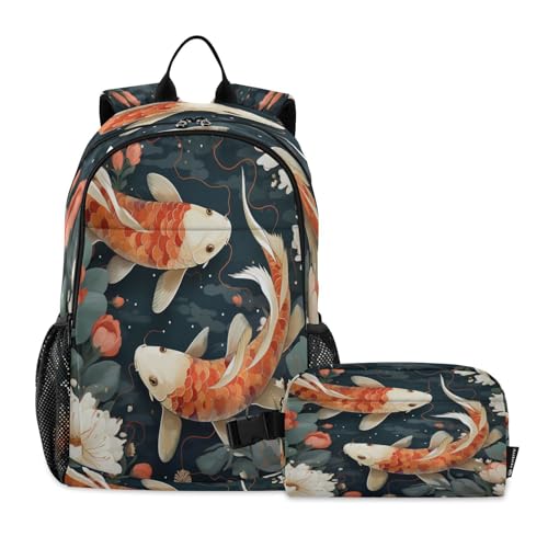 LINNIKEEEE Aquarell-Kunstwerk Fisch Studentenrucksack Lunchtasche Set – Leichte Schultasche für Jungen Mädchen von LINNIKEEEE