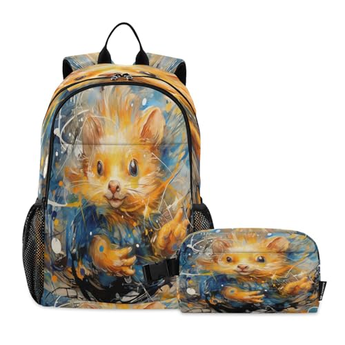 LINNIKEEEE Aquarell-Kunstwerk Igel Studentenrucksack Lunchtasche Set – Leichte Schultasche für Jungen Mädchen von LINNIKEEEE