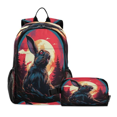 LINNIKEEEE Aquarell-Kunstwerk Kaninchen Studentenrucksack Lunchtasche Set – Leichte Schultasche für Jungen Mädchen von LINNIKEEEE