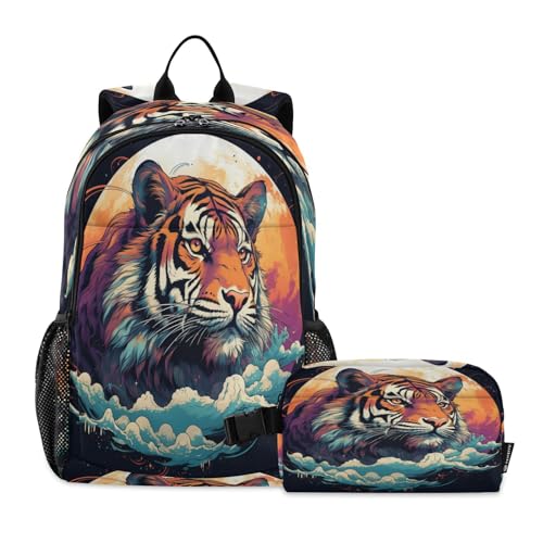 LINNIKEEEE Aquarell-Kunstwerk Mondtiger Studentenrucksack Lunchtasche Set – Leichte Schultasche für Jungen Mädchen von LINNIKEEEE