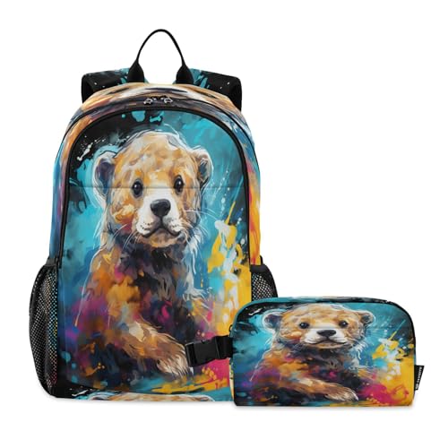 LINNIKEEEE Aquarell-Kunstwerk Otter Studentenrucksack Lunchtasche Set – Leichte Schultasche für Jungen Mädchen von LINNIKEEEE