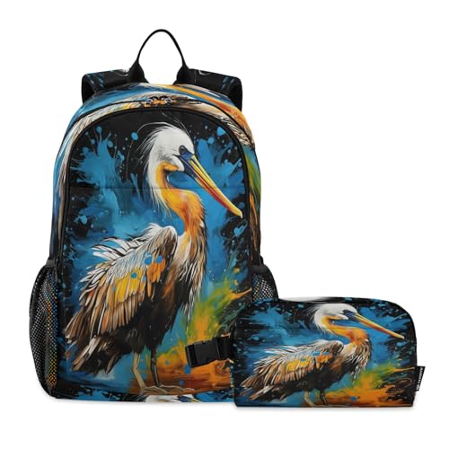 LINNIKEEEE Aquarell-Kunstwerk Pelikan Studentenrucksack Lunchtasche Set – Leichte Schultasche für Jungen Mädchen von LINNIKEEEE