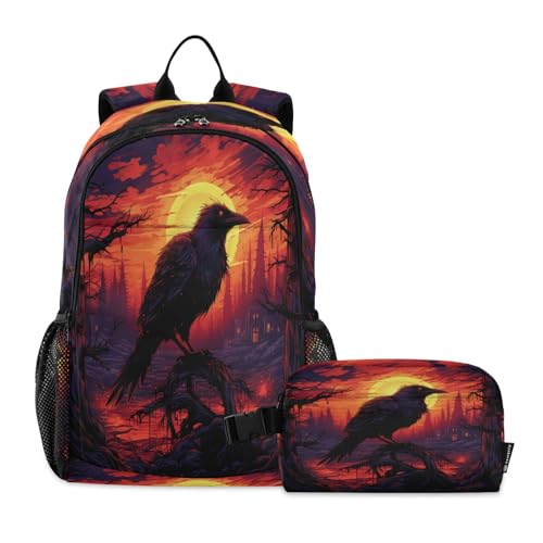 LINNIKEEEE Aquarell-Kunstwerk Rabe Studentenrucksack Lunchtasche Set – Leichte Schultasche für Jungen Mädchen von LINNIKEEEE