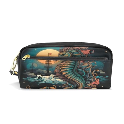 LINNIKEEEE Aquarell-Kunstwerk Seepferdchen Federmäppchen aus Leder,Mäppchen Schlamperbox Stifttasche,Make-up-Tasche,Organizer für Jungen Mädchen von LINNIKEEEE