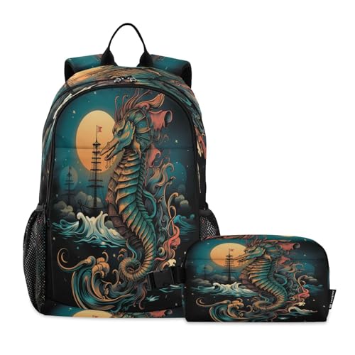 LINNIKEEEE Aquarell-Kunstwerk Seepferdchen Studentenrucksack Lunchtasche Set – Leichte Schultasche für Jungen Mädchen von LINNIKEEEE