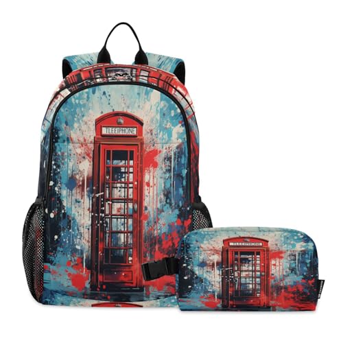 LINNIKEEEE Aquarell Rote Telefonzelle Studentenrucksack Lunchtasche Set – Leichte Schultasche für Jungen Mädchen von LINNIKEEEE