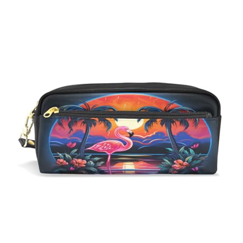 LINNIKEEEE Aquarell Sonnenuntergang Flamingo Federmäppchen aus Leder,Mäppchen Schlamperbox Stifttasche,Make-up-Tasche,Organizer für Jungen Mädchen von LINNIKEEEE