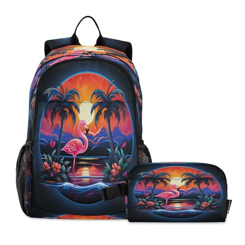 LINNIKEEEE Aquarell Sonnenuntergang Flamingo Studentenrucksack Lunchtasche Set – Leichte Schultasche für Jungen Mädchen von LINNIKEEEE