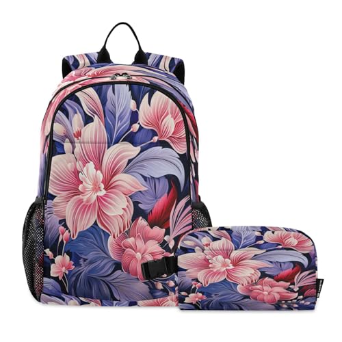 LINNIKEEEE Aquarell Violett Rosa Blume Studentenrucksack Lunchtasche Set – Leichte Schultasche für Jungen Mädchen von LINNIKEEEE