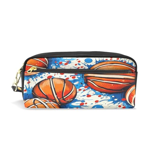 LINNIKEEEE Aquarell Wiederholender Basketball Federmäppchen aus Leder,Mäppchen Schlamperbox Stifttasche,Make-up-Tasche,Organizer für Jungen Mädchen von LINNIKEEEE